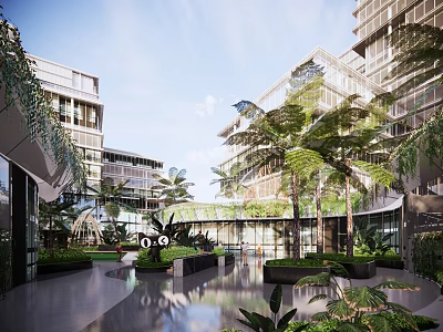 Modern Commercial Landscape With Lush Greenery Palm Trees Open Courtyard And Water Features 3d model