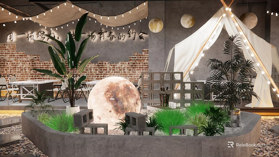 Cozy Outdoor Cafe With Moon Decor Tent Green Plants And Brick Wall Lighting 3d model 