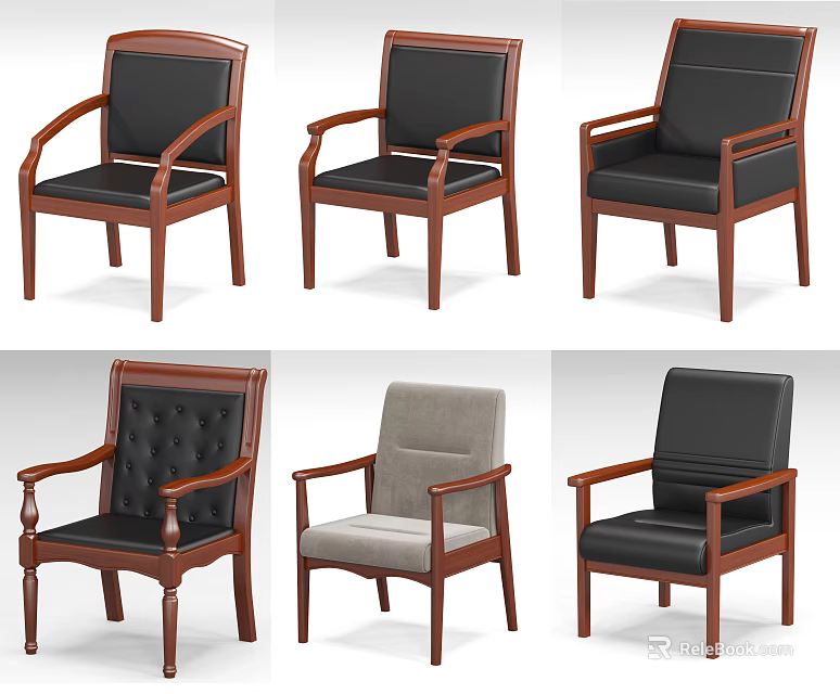 Various Office Chair Designs With Leather Fabric Seats And Wooden Armrest Frames 3d model 