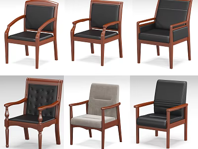 Various Office Chair Designs With Leather Fabric Seats And Wooden Armrest Frames 3d model