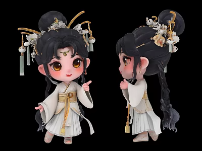 Cute Traditional Chinese Style Dolls With Black Hair Gold Ornaments Green Tassels And Light Hanfu 3d model