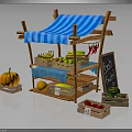 Wooden Fruit Stand With Blue Striped Canopy Fresh Fruits Blackboard Sign And Wooden Crates