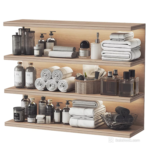 Bathroom Accessories Organized On Wooden Shelves With Folded Rolled Towels And Toiletries 3d model 