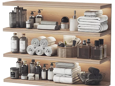 Bathroom Accessories Organized On Wooden Shelves With Folded Rolled Towels And Toiletries 3d model