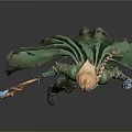 Fantasy Woman in Green Armor and Cloak Crouching with Blue Crystal Staff and Magic Orb