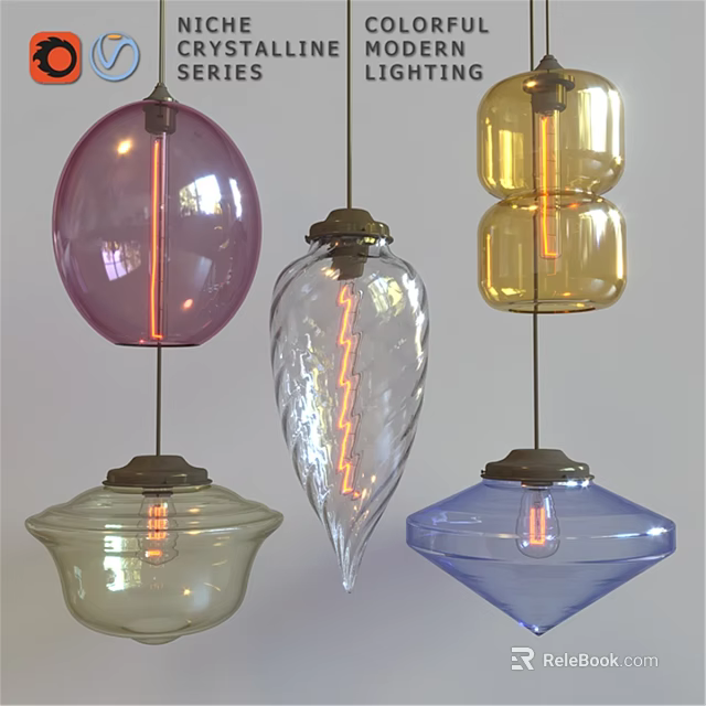 Colorful Glass Pendant Lights with Various Shapes Sphere Leaf Cylinder Modern Decorative Design 3d model 