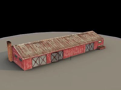 Red Barn Building With Rusty Roof Cross Braced Doors And Chimney On Gray Ground 3d model