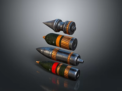 Military Artillery Shells Different Colored Designs Metallic Texture Stripes Color Bands Stacked On Gray Background 3d model