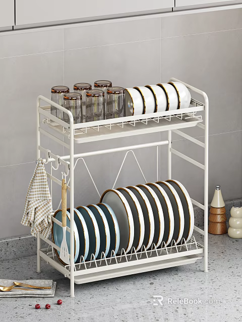Dishware Set on White Metal Rack with Stacked Striped Plates Glass Jars and Checkered Towel 3d model 