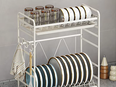 Dishware Set on White Metal Rack with Stacked Striped Plates Glass Jars and Checkered Towel 3d model