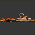 Fresh Assorted Baked Goods with Bread Pastries Donuts Pizza Bread Basket and Rolling Pin