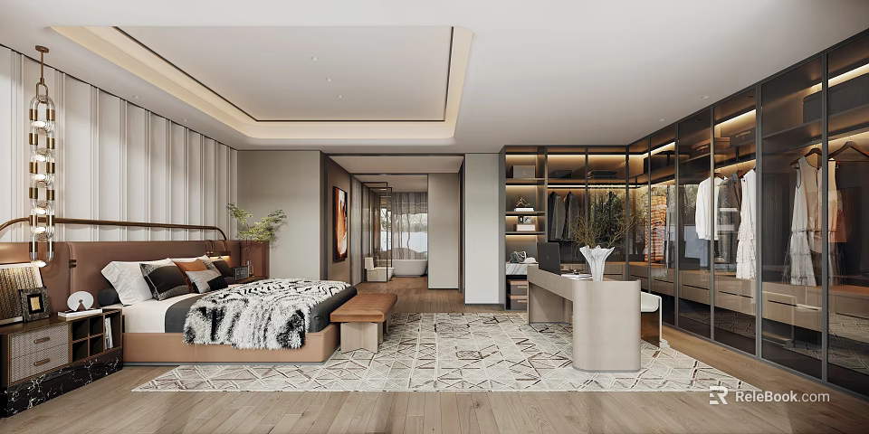 Modern Bedroom Interior With Wooden Bed Bench Closet And Patterned Rug 3d model 