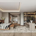 Modern Bedroom Interior With Wooden Bed Bench Closet And Patterned Rug