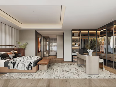 Modern Bedroom Interior With Wooden Bed Bench Closet And Patterned Rug 3d model