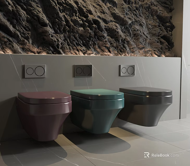 Three Colorful Wall Mounted Toilets With Built In Control Panels On Textured Grey Wall 3d model 