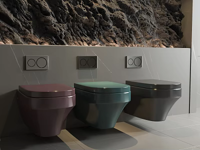 Three Colorful Wall Mounted Toilets With Built In Control Panels On Textured Grey Wall 3d model