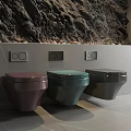 Three Colorful Wall Mounted Toilets With Built In Control Panels On Textured Grey Wall