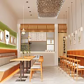 Minimalist Japanese Storefront Design With Wooden Bench Seats Hanging Lights And Circular Wall Decor