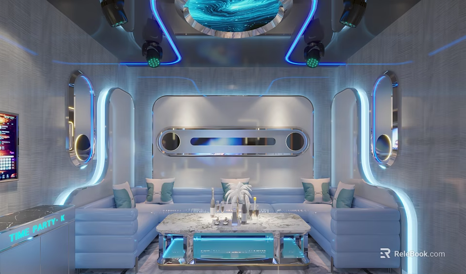 Modern KTV Interior Design With Blue Lighting Light Blue Sofas And Marble Coffee Table 3d model 