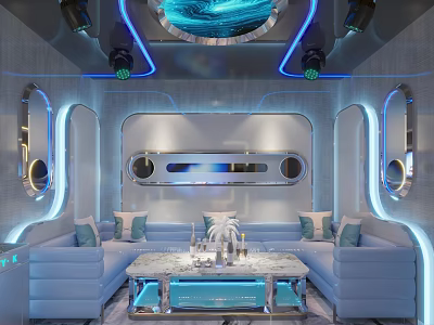 Modern KTV Interior Design With Blue Lighting Light Blue Sofas And Marble Coffee Table 3d model