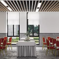 Contemporary Restaurant With Striped Ceiling Long Table Gray Tablecloth Orange Chairs And Green Plants