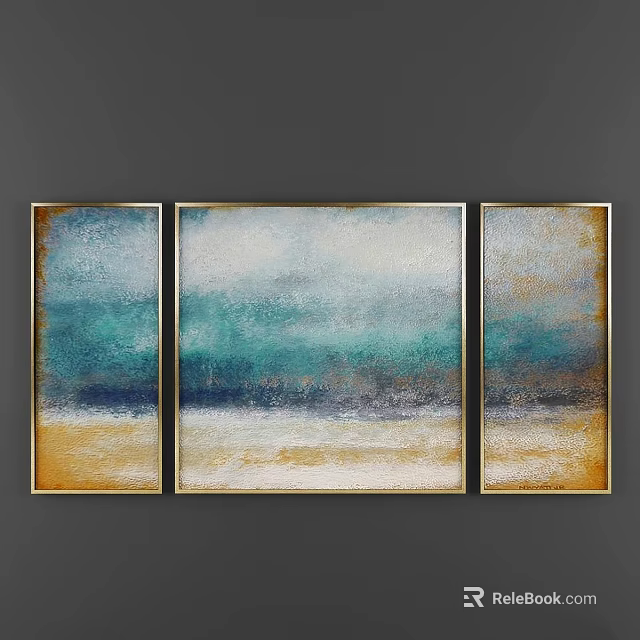 Abstract Three Panel Wall Art With Blue White Gold Tones And Golden Frames 3d model 