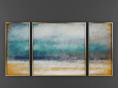 Abstract Three Panel Wall Art With Blue White Gold Tones And Golden Frames 3d model