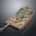 Military Combat Tank With Brown Blue Camouflage Pattern And Armored Turret