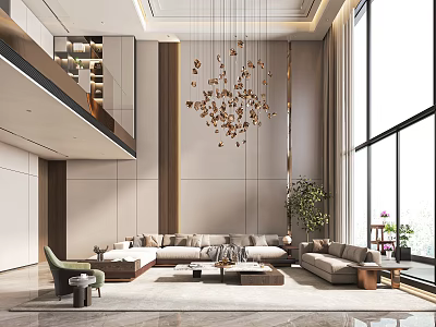 Modern Loft Living Room Interior With Large Windows And Chandelier 3d model