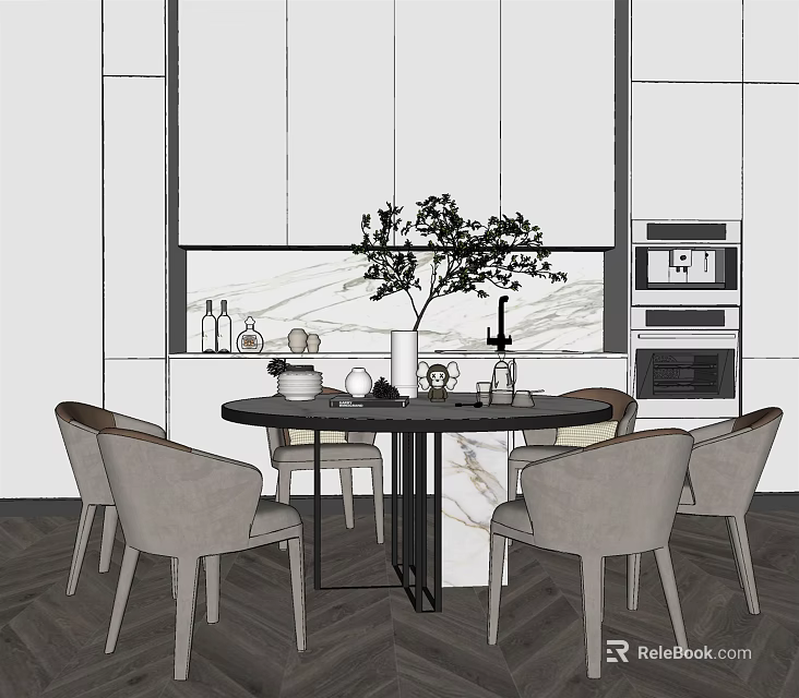 Modern Dining Table Set With Round Marble Top Chairs And Kitchen Cabinets Appliances 3d model