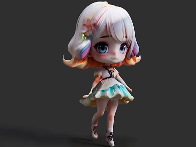 Cute Decorative Ornament Set With Colorful Hair Doll And Floral Dress Design 3d model