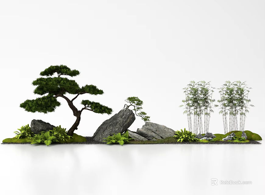 Garden Landscape With Pine Tree Bamboo Rocks And Green Plants 3d model