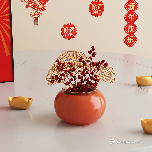 Chinese Style Decorative Ornament Set With Orange Vase Red Berries And Golden Ginkgo Decorations 3d model 