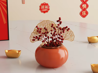 Chinese Style Decorative Ornament Set With Orange Vase Red Berries And Golden Ginkgo Decorations 3d model