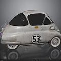 Vintage Small Car With Rusty Exterior Number 53 Emblem White Rims And Roof Rack