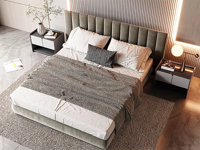 Modern Double Bed with Upholstered Headboard White Pillows Gray Cushion Nightstands Lamp and Plant 3d model