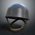 Vintage Military Helmet With Worn Metal Surface And Leather Straps