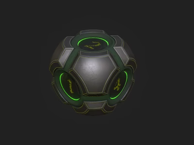 Futuristic Spherical Weapon With Green Glowing Rings And Yellow Symbols On Metallic Surface 3d model