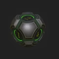 Futuristic Spherical Weapon With Green Glowing Rings And Yellow Symbols On Metallic Surface