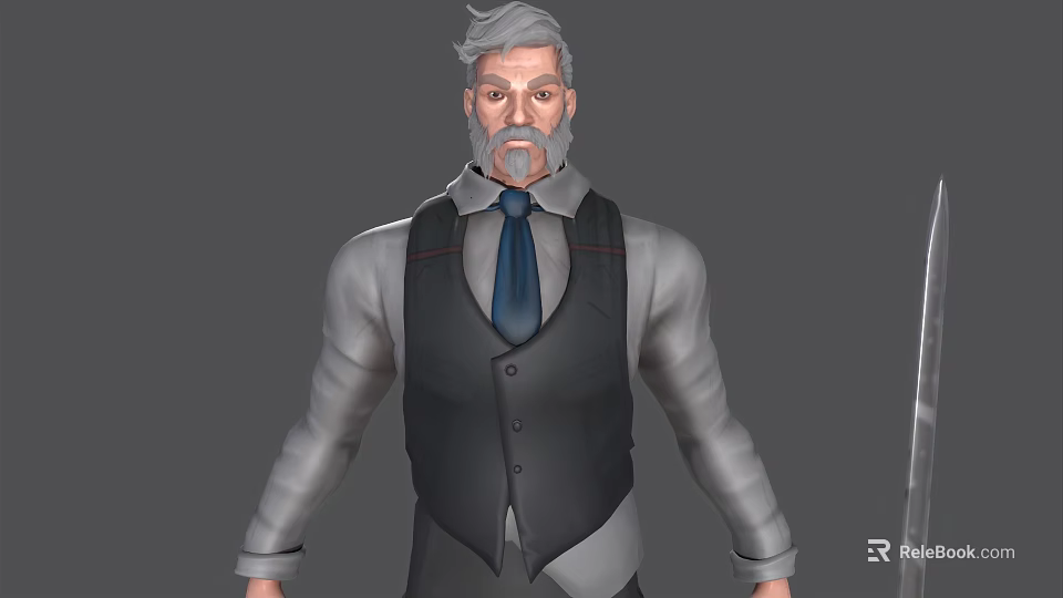Gray Haired Man With Beard Wearing Vest Shirt And Blue Tie Standing 3d model 