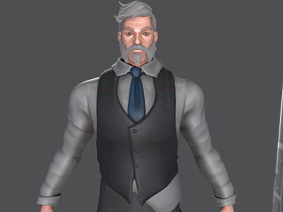 Gray Haired Man With Beard Wearing Vest Shirt And Blue Tie Standing 3d model