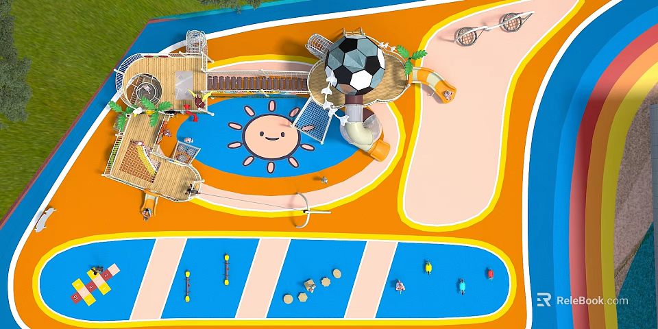 Kindergarten Playground With Colorful Floor Sun Pattern Slide And Football Structure 3d model 