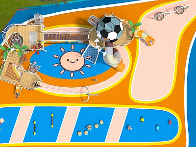 Kindergarten Playground With Colorful Floor Sun Pattern Slide And Football Structure 3d model