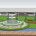Black Pergola With Blue Columns White Fountain Green Lawn And Stone Pavement