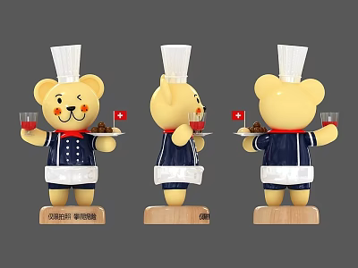 Chef Bear Sculpture in Chef Hat Apron Holding Wine Glass Tray Three Angles Wooden Base 3d model