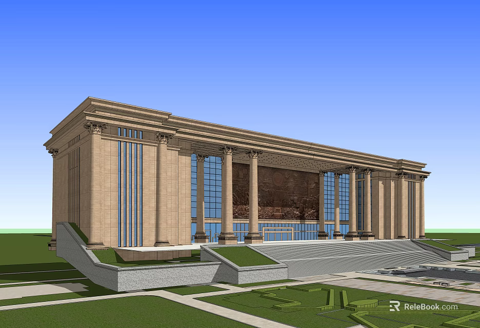 Classical Grand Building Facade With Tall Columns Large Windows And Lawn 3d model
