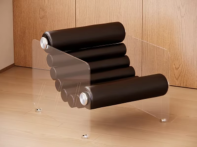 Leisure Chair With Black Cylindrical Cushions And Transparent Acrylic Frame Against Wooden Wall Floor 3d model