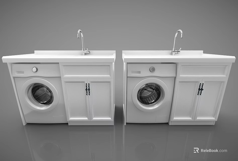 Double White Bathroom Vanity Design With Washing Machine And Faucet 3d model 