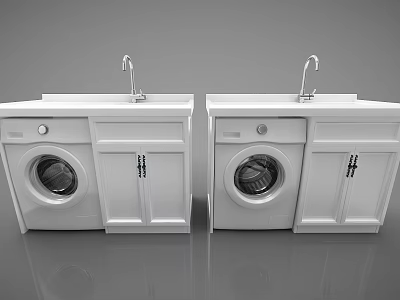 Double White Bathroom Vanity Design With Washing Machine And Faucet 3d model