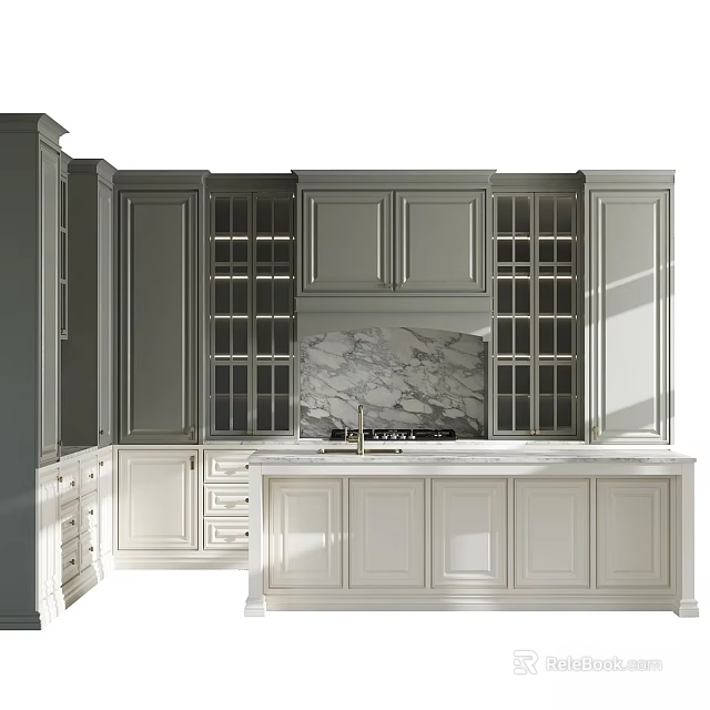 Modern Kitchen Featuring Gray And White Cabinets With Glass Doors And Marble Island Countertop 3d model 